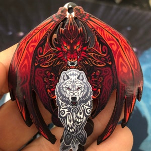 Red Dragon White Wolf Alliance Wooden Pendant