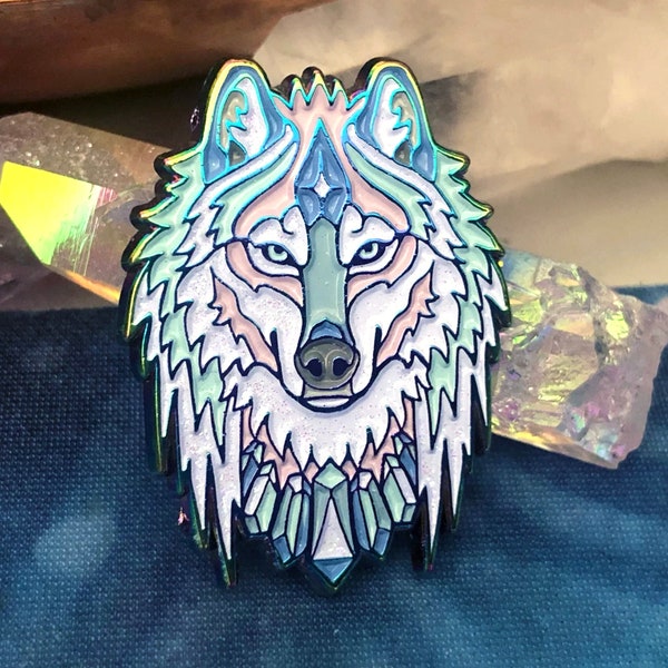Sparkly Rainbow Crystal Wolf Enamel Pin