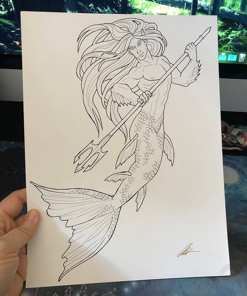 Merman Male Mermaid Original Ink Drawing - Etsy
