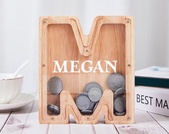 Custom Name Wooden Letter Bank, Personalized Kids Coin Bank, Wood Alphabet Money Box Gift, Nursery Decor, Wood Gift for Birthday Baby Shower