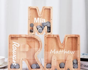 Personalized Wooden Letter Piggy Bank for Kids, Custom Name Money Box, Large Wood Alphabet CoinBank, Nursery Decor Birthday Gift Baby Shower