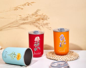 名前入りのパーソナライズ保温トラベルマグ、誕生花コーヒーカップ、断熱ステンレススチールタンブラー、独身パーティーギフト