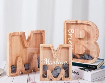 Engraved Wooden Letter Coin Bank, Custom Name Kids Money Box, Personalized Piggy Bank, Thoughtful Gift for Baby Shower Toddler Nursery Room