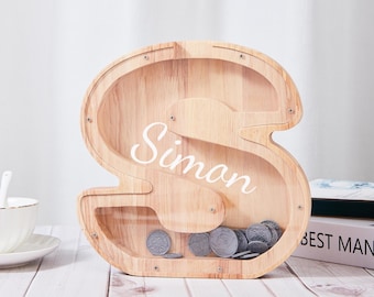 Personalized Wooden Letter Piggy Bank, Custom Name Coin Bank for Kid, Large Wood Alphabet Money Box Gift, Nursery Decor Birthday Baby Shower