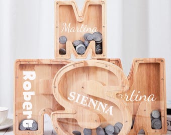 Alcancía de madera grande personalizada con letras para niños, regalo de madera para niños, alcancía con nombre personalizado, alcancía de madera con letras del alfabeto para cumpleaños
