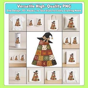 May include: A collection of Halloween-themed products featuring a witch design. The products include a t-shirt, mugs, tote bag, pillow, tumbler, framed art, coasters, a notebook, a glass, a cutting board, and a sweatshirt. The design includes a witch hat and patchwork dress.