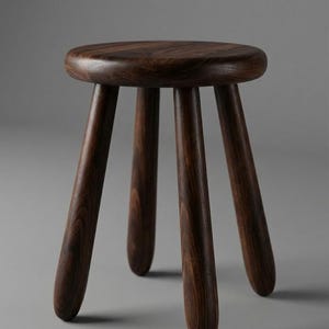 May include: A dark brown wooden stool with a round seat and three sturdy, tapered legs. The wood grain is visible, adding texture to the minimalist design. The stool is a simple, yet elegant piece of furniture.