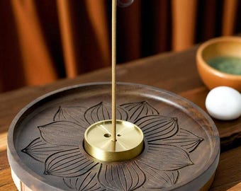 Ręcznie robiony drewniany kadzielnik | Detale z miedzi, dekoracja medytacyjna