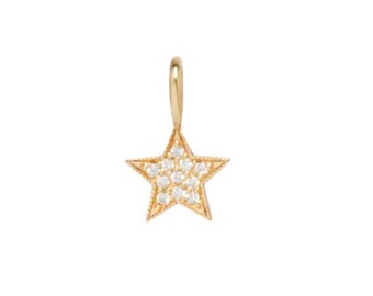 May include: A gold-colored star-shaped pendant with a small loop at the top for hanging. The star is filled with small, clear gemstones and has a textured border. This jewelry item is suitable for necklaces or bracelets.