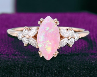 Solid Gold Marquise Lab Pink Opal Engagement Ring, Moissanite Ring