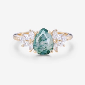 14k Gold Pear Moss Agate Engagement Ring, Moissanite Bridal Ring
