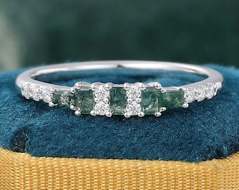 Moss Agate Engagement Ring, 14k White Gold, Art Deco Moissanite Ring