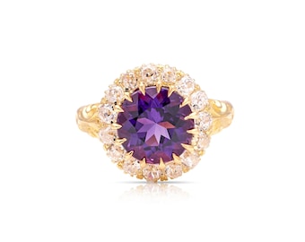 Purple Amethyst Halo Ring, 14K Gold Moissanite Ring, Vintage Style Engagement Ring, February Birthstone Statement Ring