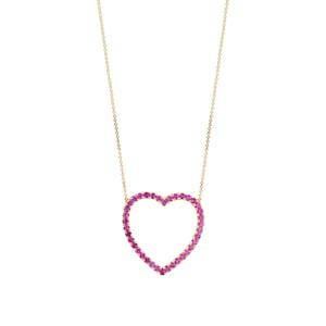 Pink Ruby Open Heart Necklace in 14K Gold, Heart Outline Pendant with Gemstones