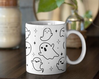 Cute Ghost Mug, Spooky Season Coffee Cup, Halloween Mug Gift, Ghost Pattern Tea Mug, Kawaii Ghost Aesthetic, Goth Home Decor