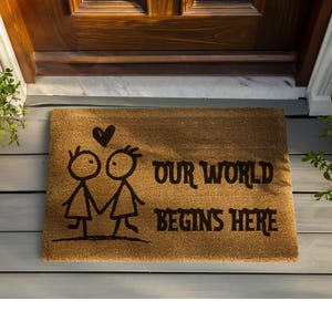 Our World Begins Here Doormat, Cute Couple Welcome Mat, New Home Sweet Home Porch Decor, Creative Anniversary Gift