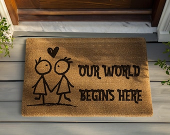 Our World Begins Here Doormat, Cute Couple Welcome Mat, New Home Sweet Home Porch Decor, Creative Anniversary Gift