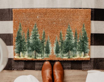 Watercolor Pine Tree Doormat, Snowy Forest Welcome Mat, Rustic Winter Cabin Decor