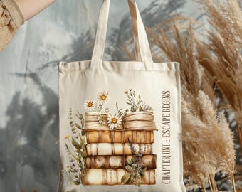 Book Lover Canvas Tote Bag, Floral Book Stack, Bookish Gift