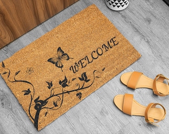 Elegant Butterfly Welcome Doormat, Floral Ivy Vine Welcome Mat, Spring Porch Decor