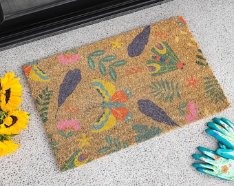 Felpudo de hojas coloridas, felpudo de bienvenida con mariposa estética, alfombra de entrada floral vibrante,