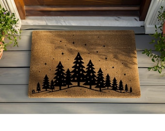 Christmas Tree Forest Doormat, Rustic Pine Tree Welcome Mat, Minimalist Holiday Decor