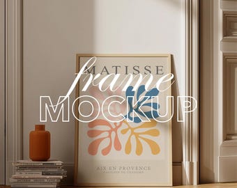 Wooden Frame Mockup: DIN A Vertical, Japandi Style Interior ( PSD JPG Template)