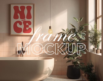 Bathroom Frame Mockup, 3x4 ratio, Thin Wood, Wall Art Template (PSD, JPG)