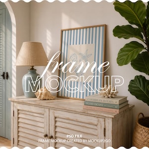 DIN A Frame Mockup: Vertical Wood Poster Display, Beach House Interior (PSD File)