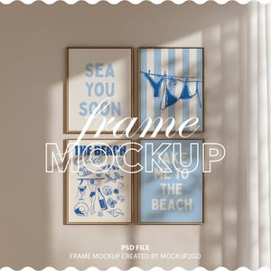 May include: Four framed art prints with beach-themed designs. The prints feature blue and white illustrations of swimwear, beach club graphics, and phrases like "Sea You Soon" and "Take Me to the Beach". The frames have a gold finish.