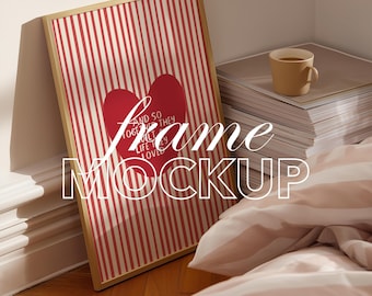 Vertical Frame Mockup: Thin Wood, DIN A ratio, Bedroom Scene (PSD)