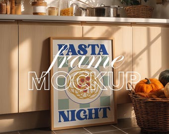 DIN A Frame Mockup: Wood Frame, Cozy Kitchen Scene, Art Print Template (PSD)