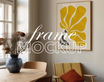 Living Room Scene Frame Mockup: DIN A Thin Wood, Wall Art PSD Template