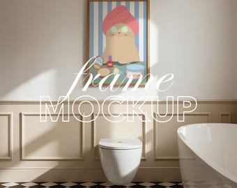 Bathroom Frame Mockup:DIN A ratio Thin Wood, Vertical Art Print Display (PSD)