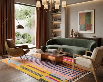 Tapis berbère en laine fait main, motif tribal abstrait, tapis bohème, décoration d'intérieur moderne et lumineuse