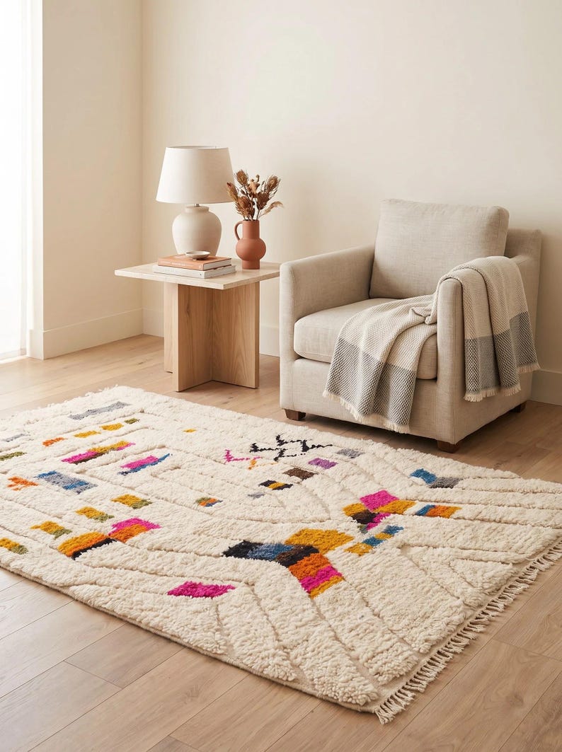 Carpet Texture Block Handmade Moroccan Wool Rug, Colorful Abstract Berber Carpet, Cream ...