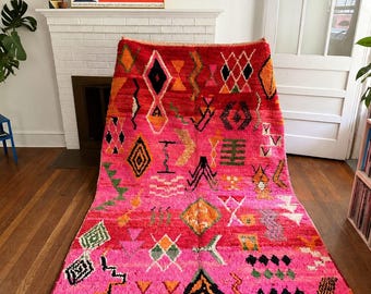 Handwoven Wool Boujaad Rug, Pink Red Geometric Tribal Berber, Boho Area Carpet