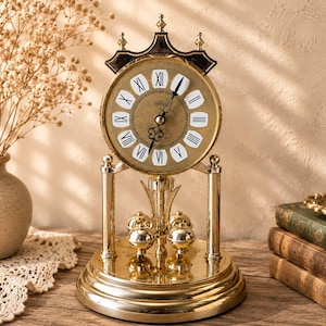 May include: A gold-toned anniversary clock featuring a circular face with black Roman numerals on white backgrounds, a decorative dark top arch, and a rotating pendulum base with four gold spheres, all supported by two vertical pillars.