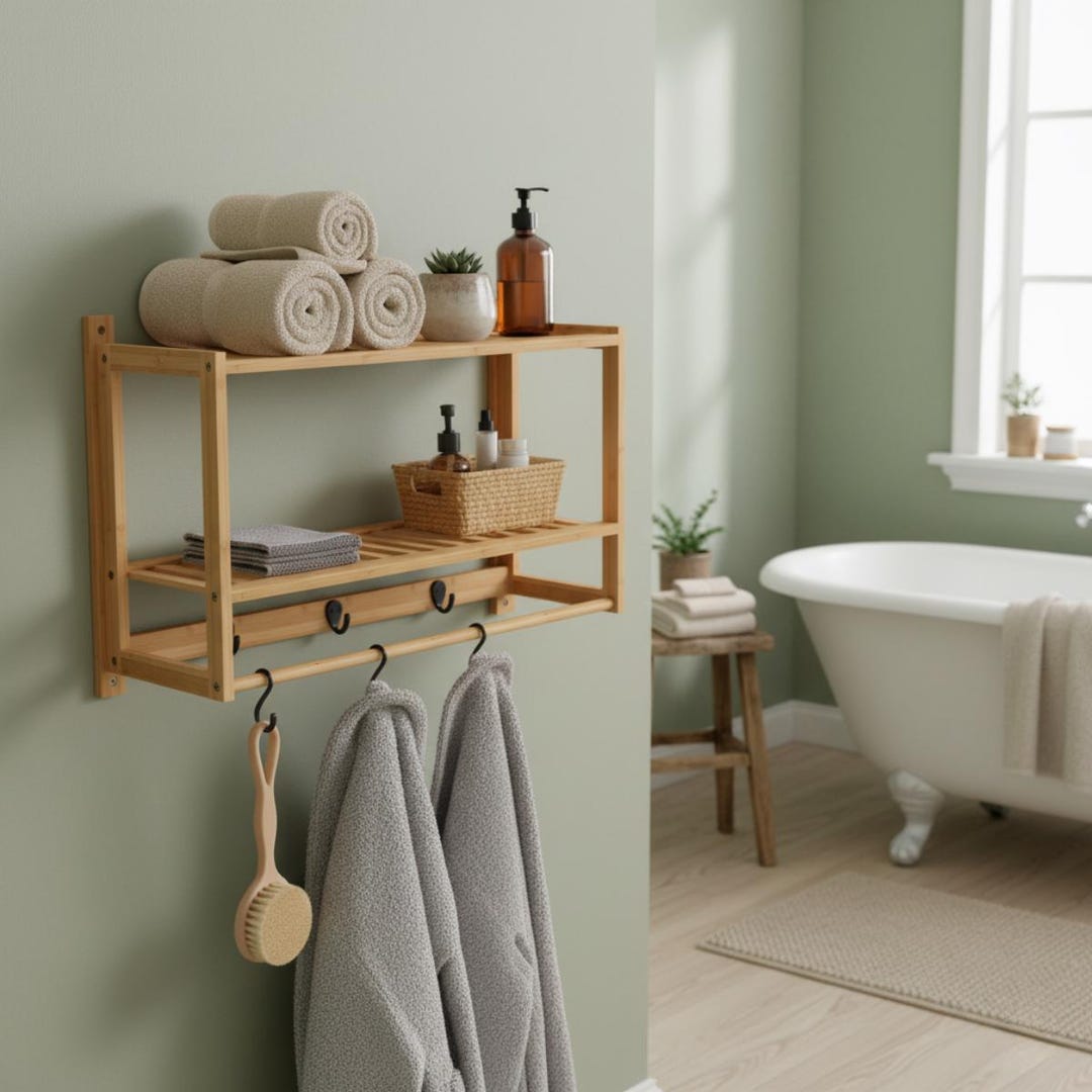 Bamboo Wall Shelf With Towel Bar & Hooks: Bathroom Organizer Rack - Etsy