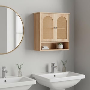 Bathroom Wall Cabinet with Rattan Doors, Boho Storage Organizer, Over Toilet Cabinet with Adjustable Shelves, Natural Wood