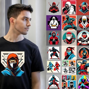 May include: Black t-shirt featuring a ninja graphic with a red hood and blue accents. The image also displays a grid of ninja illustrations in various poses and colors, including red, blue, and black.