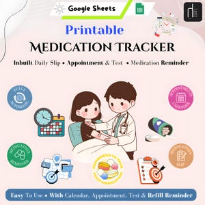 Könnte beinhalten: Druckbarer Medikamenten-Tracker mit dem Text "MEDICATION TRACKER". Das Bild enthält Illustrationen eines Arztes und eines Patienten, Pillen, einen Kalender und eine Uhr. Der Text enthält auch "Easy To Use" und "With Calendar, Appointment, Test & Refill Reminder."