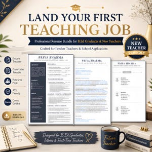 May include: A professional resume bundle for new teachers featuring templates for a resume, cover letter, and reference page. The documents include text fields for educator details, education, teaching internships, and skills. Includes a mug with Future Teacher text.