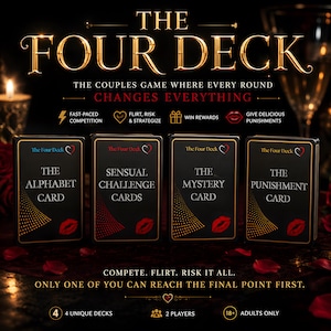 Peut inclure: Le jeu pour couples The Four Deck comprenant quatre jeux de cartes noirs intitulés The Alphabet Card, Sensual Challenge Cards, The Mystery Card et The Punishment Card. Chaque jeu présente du texte doré, un motif doré pointillé et une icône de lèvres rouges.
