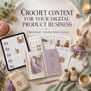 Op de afbeelding: Een digitale productgids getiteld Crochet Content for Your Digital Product Business, met een tablet met bestanden, een open spiraalboek met patronen, een gehaakt konijntje, babyslofjes, een haaknaald en een klein tasje op een ondergrond.