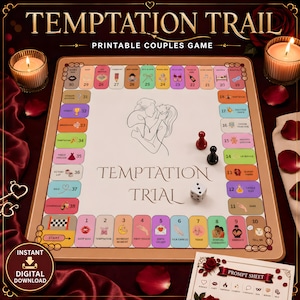 Peut inclure: Un jeu de plateau intitulé Temptation Trail avec un parcours numéroté de 1 à 38, comportant des icônes et du texte colorés. Le centre affiche une illustration au trait d'un couple et le texte Temptation Trial. Inclut un dé, des pions rouge et noir.