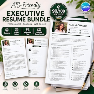 Plantilla editable de Canva para currículum ejecutivo profesional compatible con ATS, con carta de presentación, página de referencias y guía de currículum.
