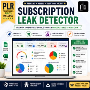 May include: A laptop screen shows a "Subscription Leak Detector" dashboard with charts and data. The image promotes a digital product for sellers, highlighting features like rebrandability and passive income potential.