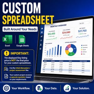 May include: A laptop screen displaying a custom spreadsheet dashboard with a monthly overview, financial charts, and data tables. The interface includes Excel and Google Sheets icons, with text stating CUSTOM SPREADSHEET and IMPORTANT project fee details.