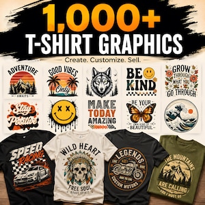 Op de afbeelding: Een digitale collectie van 1.000+ t-shirt graphics met diverse ontwerpen zoals bergen, palmbomen, een wolf, een vlinder en een schedel. Onder de graphics staan vier t-shirts in zwart, wit, zwart en olijfgroen met bedrukte ontwerpen.